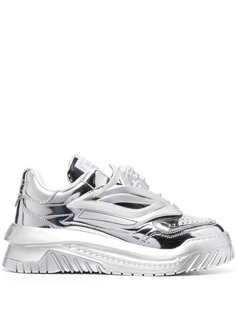 versace shiny silver shoe with white laces|versace shoes black and white.